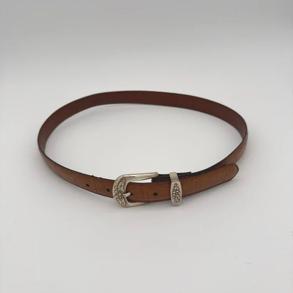 Genuine Leather Western Belt Medium Brown‎ Floral Silver Buckle Boho Country - Picture 5 of 9